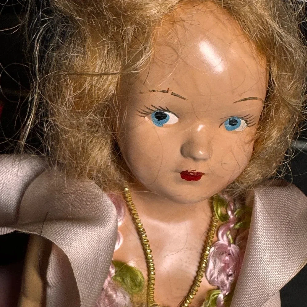 Vintage Composition Doll Pink Satin‎ Gown Floral Embroidery 7.5 Inch Blue Eyes